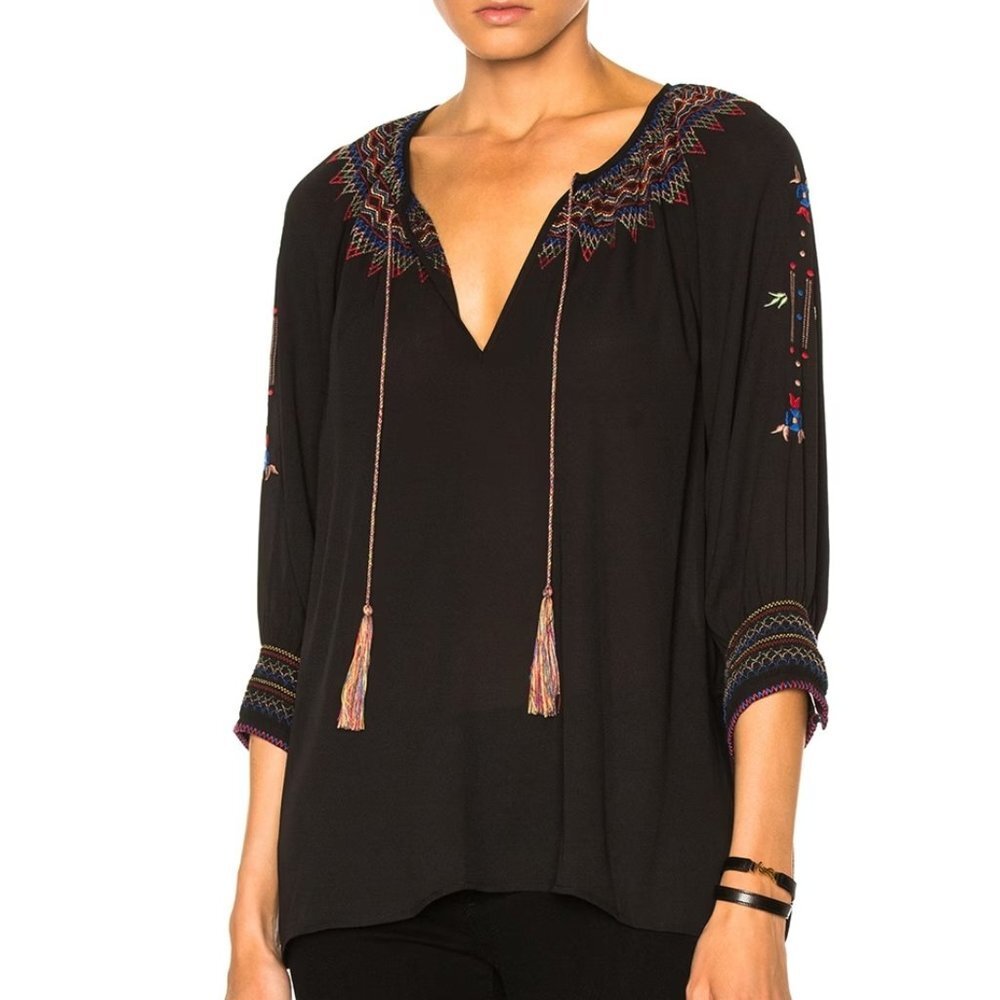 The GREAT. Top Womens Extra Small Black Promenade Embroidered Tassel Boho Flowy